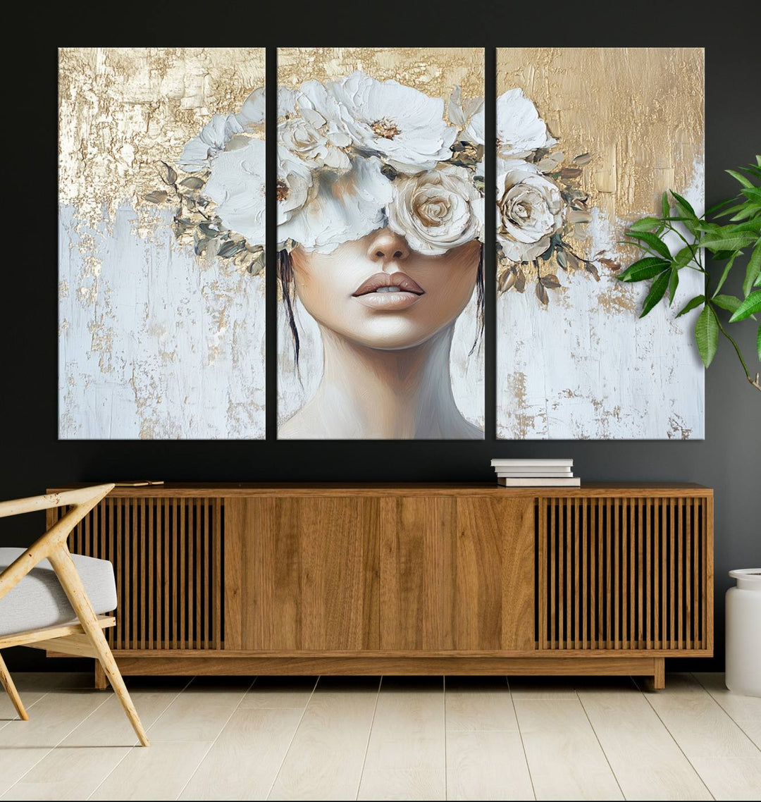 Golden Petal Silhouette Woman Wall Art Canvas Print Flower Head Woman Painting Floral Woman Portrait Wall Decor, Abstract Women Portrait Print