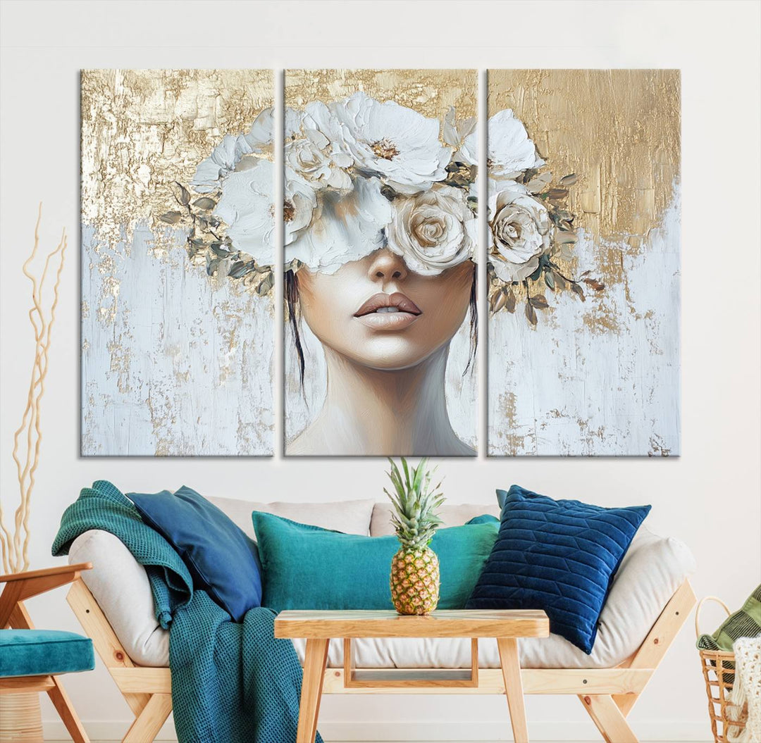 Golden Petal Silhouette Woman Wall Art Canvas Print Flower Head Woman Painting Floral Woman Portrait Wall Decor, Abstract Women Portrait Print