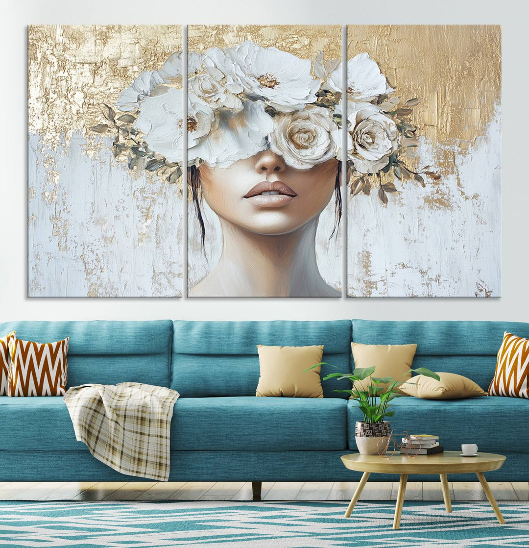 Golden Petal Silhouette Woman Wall Art Canvas Print Flower Head Woman Painting Floral Woman Portrait Wall Decor, Abstract Women Portrait Print