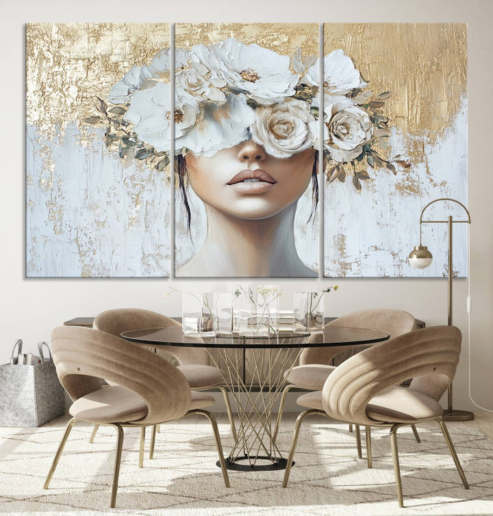 Golden Petal Silhouette Woman Wall Art Canvas Print Flower Head Woman Painting Floral Woman Portrait Wall Decor, Abstract Women Portrait Print