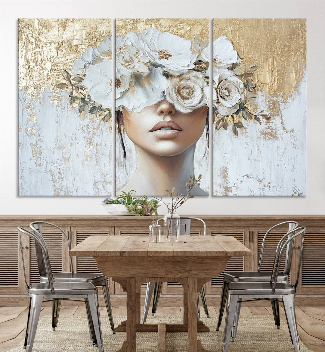 Golden Petal Silhouette Woman Wall Art Canvas Print Flower Head Woman Painting Floral Woman Portrait Wall Decor, Abstract Women Portrait Print