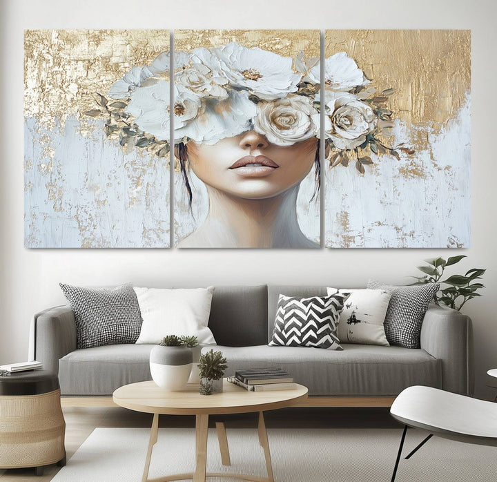 Golden Petal Silhouette Woman Wall Art Canvas Print Flower Head Woman Painting Floral Woman Portrait Wall Decor, Abstract Women Portrait Print