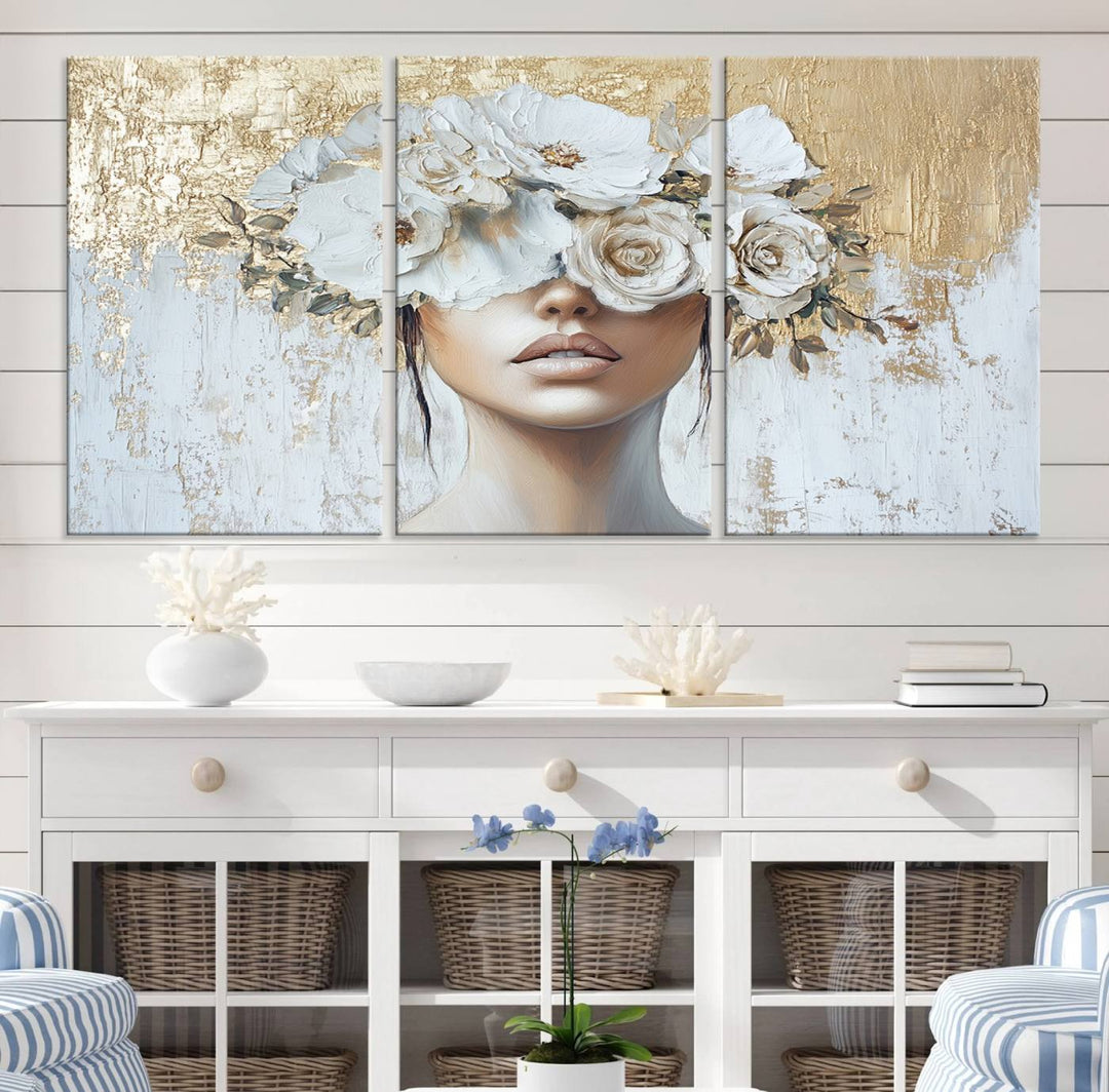 Golden Petal Silhouette Woman Wall Art Canvas Print Flower Head Woman Painting Floral Woman Portrait Wall Decor, Abstract Women Portrait Print