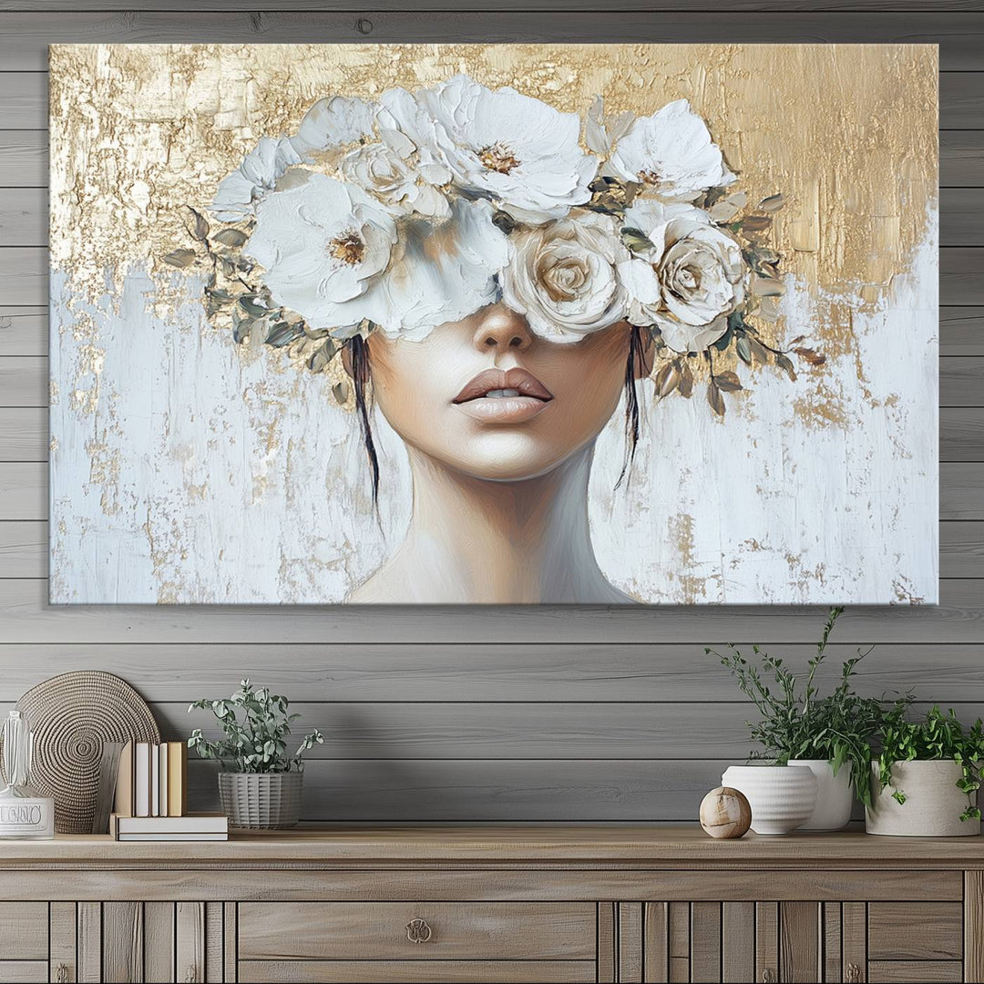 Golden Petal Silhouette Woman Wall Art Canvas Print Flower Head Woman Painting Floral Woman Portrait Wall Decor, Abstract Women Portrait Print