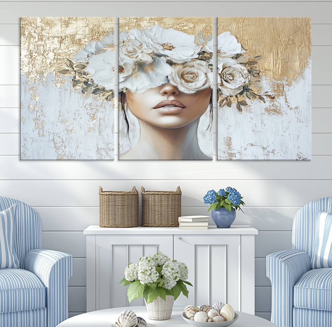 Golden Petal Silhouette Woman Wall Art Canvas Print Flower Head Woman Painting Floral Woman Portrait Wall Decor, Abstract Women Portrait Print