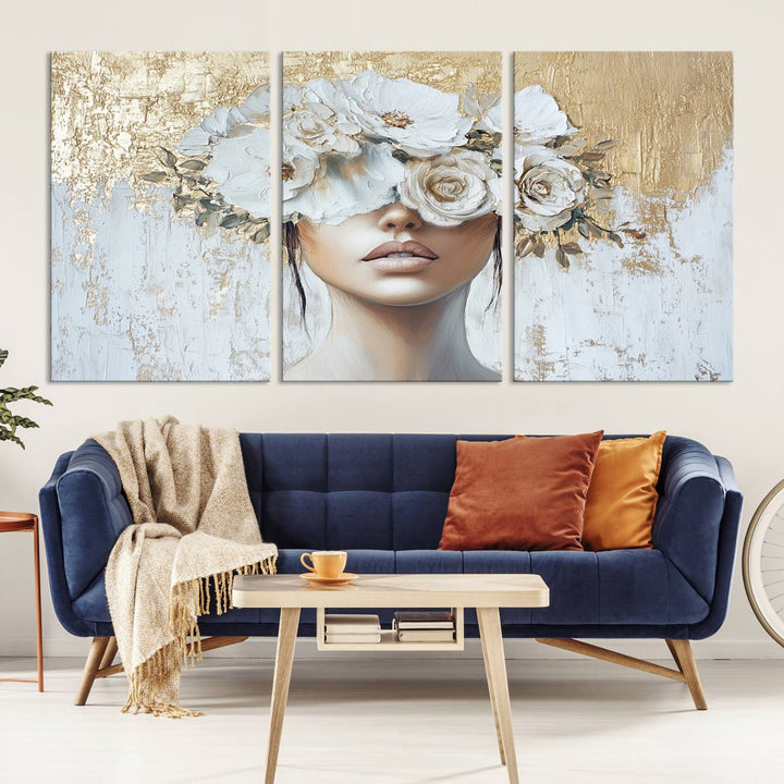 Golden Petal Silhouette Woman Wall Art Canvas Print Flower Head Woman Painting Floral Woman Portrait Wall Decor, Abstract Women Portrait Print