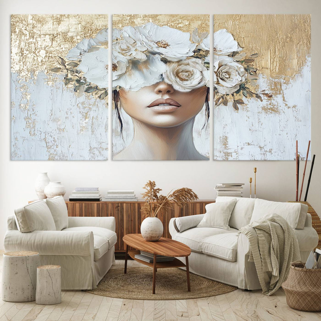 Golden Petal Silhouette Woman Wall Art Canvas Print Flower Head Woman Painting Floral Woman Portrait Wall Decor, Abstract Women Portrait Print