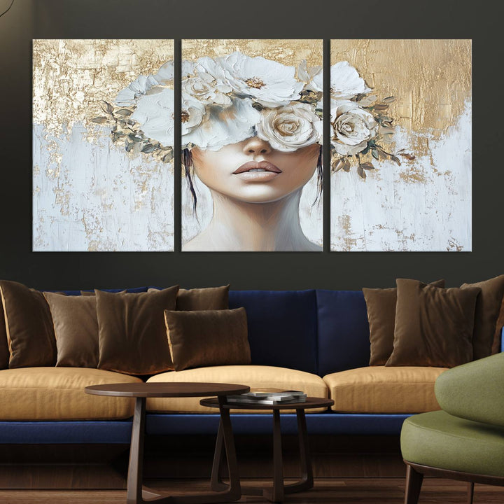 Golden Petal Silhouette Woman Wall Art Canvas Print Flower Head Woman Painting Floral Woman Portrait Wall Decor, Abstract Women Portrait Print