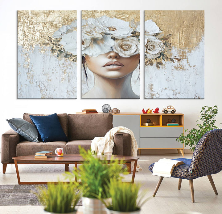 Golden Petal Silhouette Woman Wall Art Canvas Print Flower Head Woman Painting Floral Woman Portrait Wall Decor, Abstract Women Portrait Print