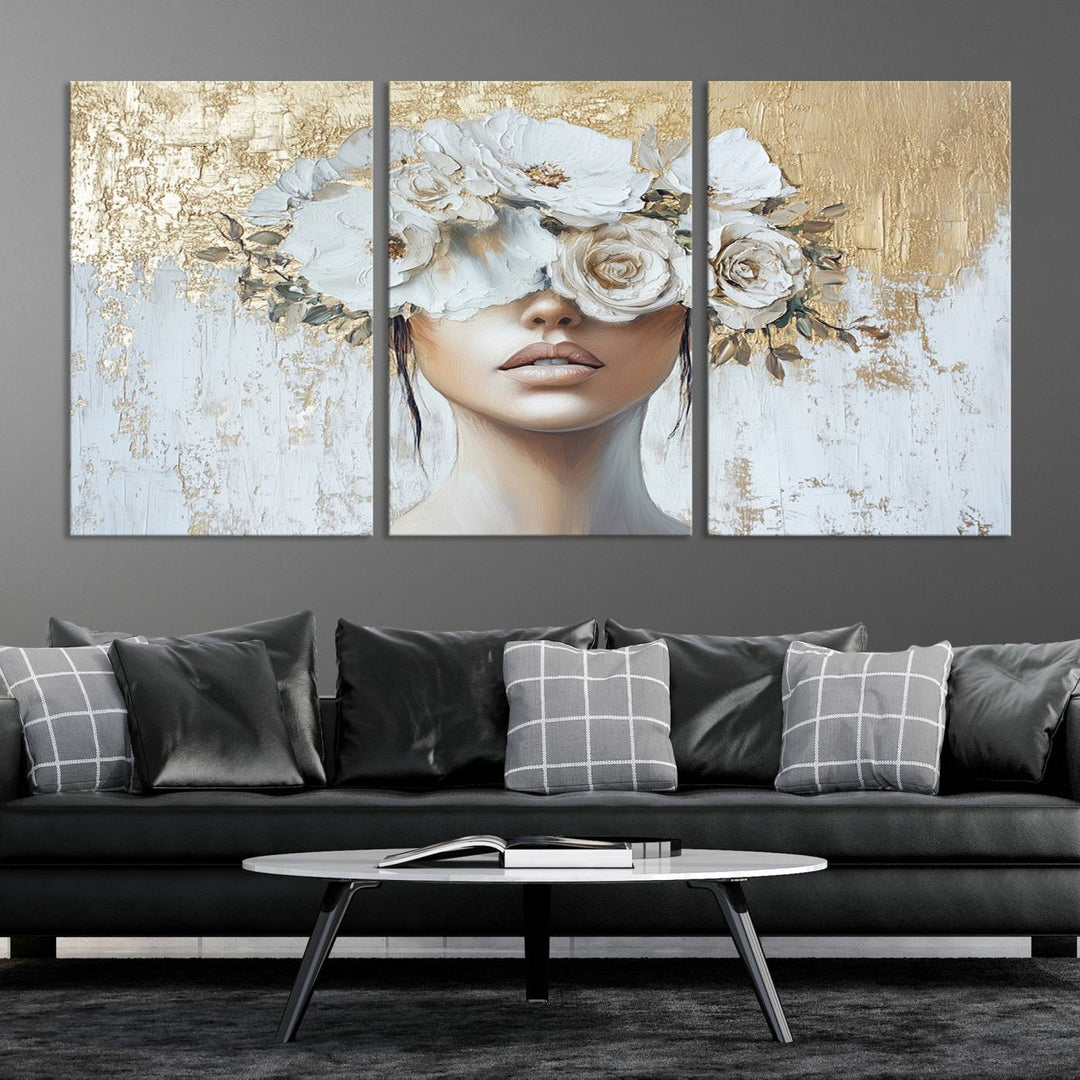 Golden Petal Silhouette Woman Wall Art Canvas Print Flower Head Woman Painting Floral Woman Portrait Wall Decor, Abstract Women Portrait Print