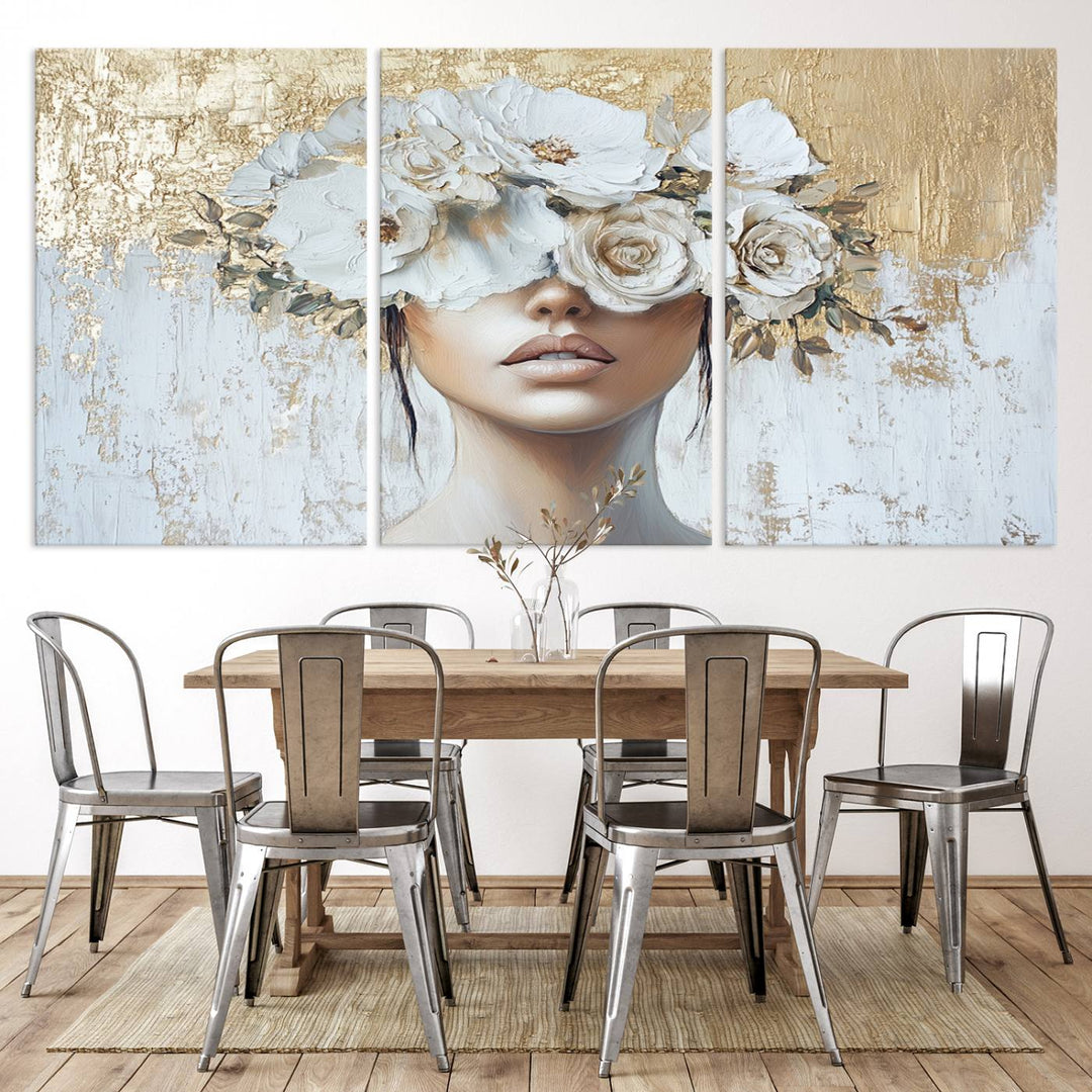 Golden Petal Silhouette Woman Wall Art Canvas Print Flower Head Woman Painting Floral Woman Portrait Wall Decor, Abstract Women Portrait Print