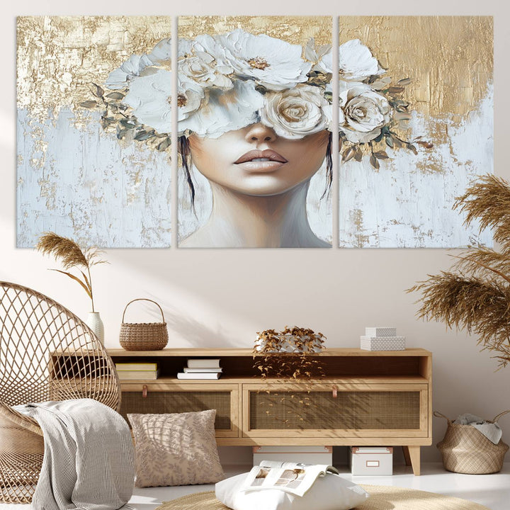 Golden Petal Silhouette Woman Wall Art Canvas Print Flower Head Woman Painting Floral Woman Portrait Wall Decor, Abstract Women Portrait Print