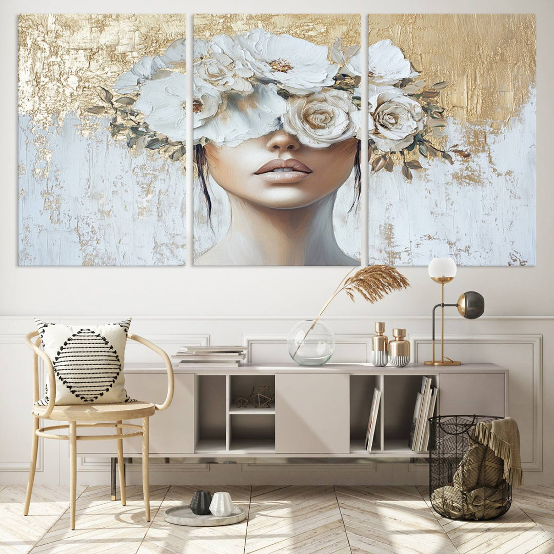 Golden Petal Silhouette Woman Wall Art Canvas Print Flower Head Woman Painting Floral Woman Portrait Wall Decor, Abstract Women Portrait Print