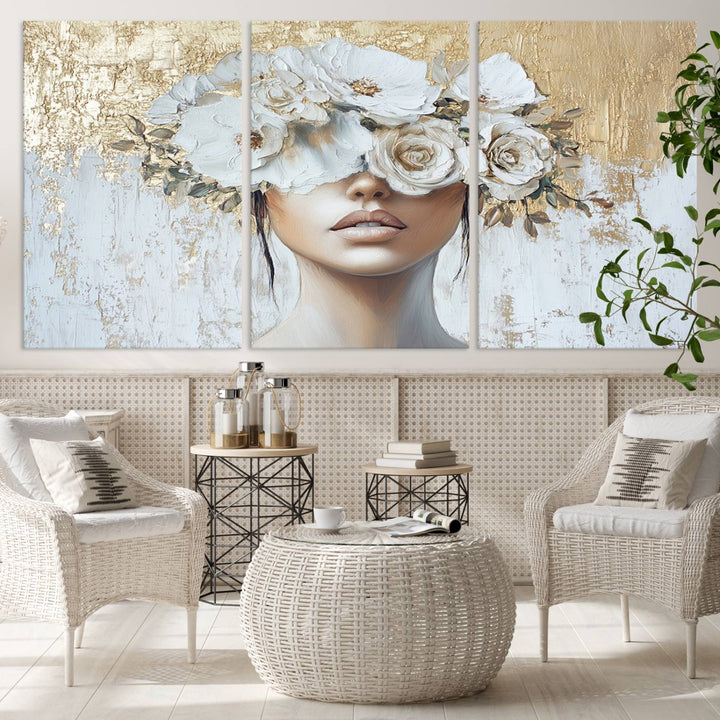 Golden Petal Silhouette Woman Wall Art Canvas Print Flower Head Woman Painting Floral Woman Portrait Wall Decor, Abstract Women Portrait Print