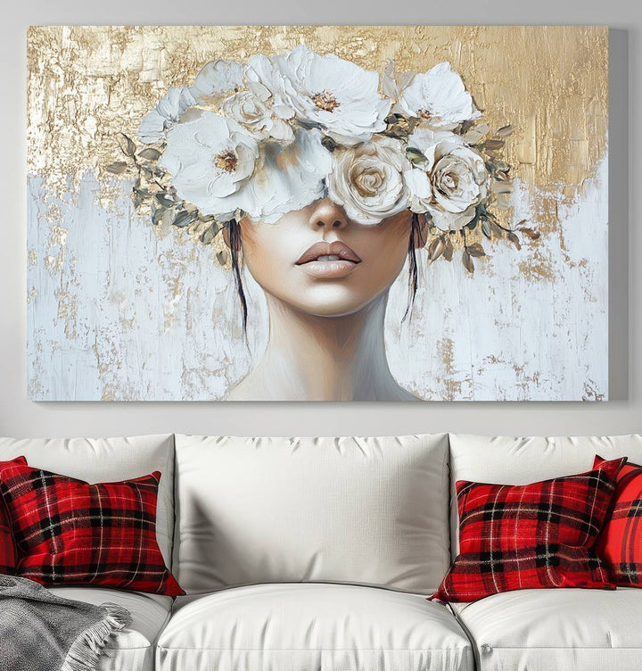 Golden Petal Silhouette Woman Wall Art Canvas Print Flower Head Woman Painting Floral Woman Portrait Wall Decor, Abstract Women Portrait Print