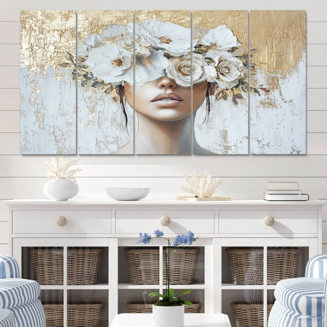 Golden Petal Silhouette Woman Wall Art Canvas Print Flower Head Woman Painting Floral Woman Portrait Wall Decor, Abstract Women Portrait Print