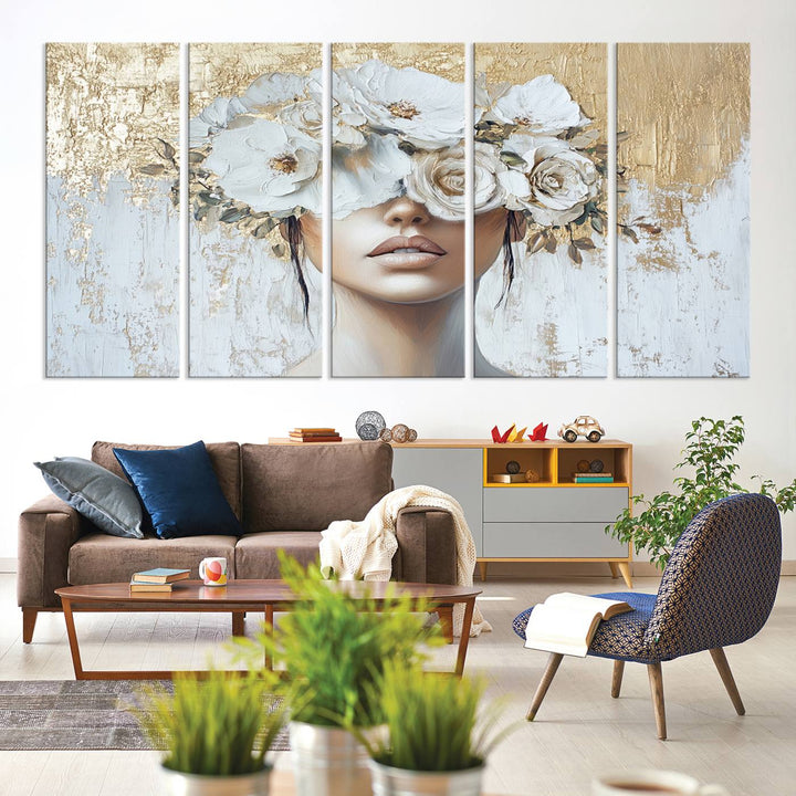 Golden Petal Silhouette Woman Wall Art Canvas Print Flower Head Woman Painting Floral Woman Portrait Wall Decor, Abstract Women Portrait Print