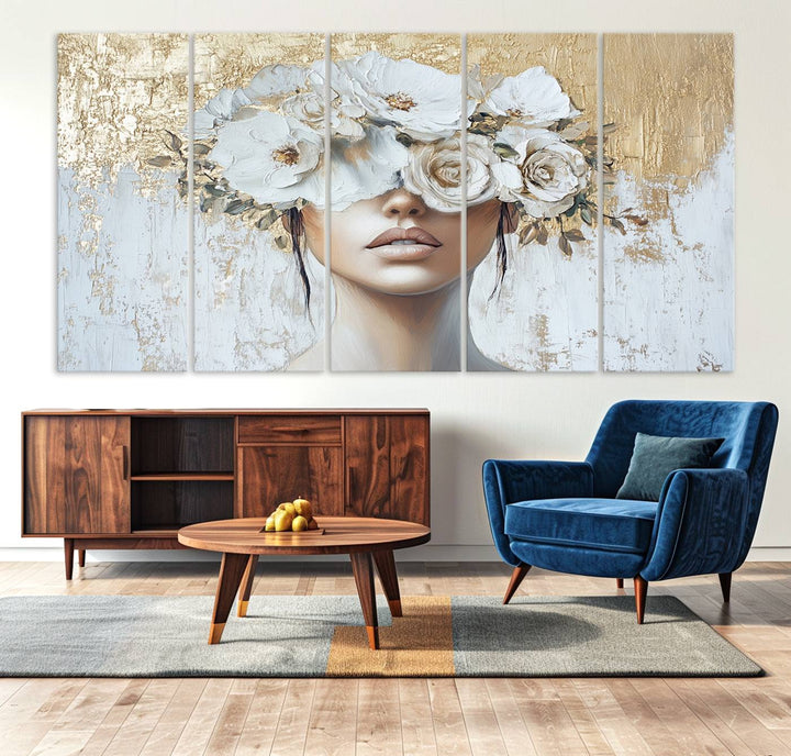 Golden Petal Silhouette Woman Wall Art Canvas Print Flower Head Woman Painting Floral Woman Portrait Wall Decor, Abstract Women Portrait Print