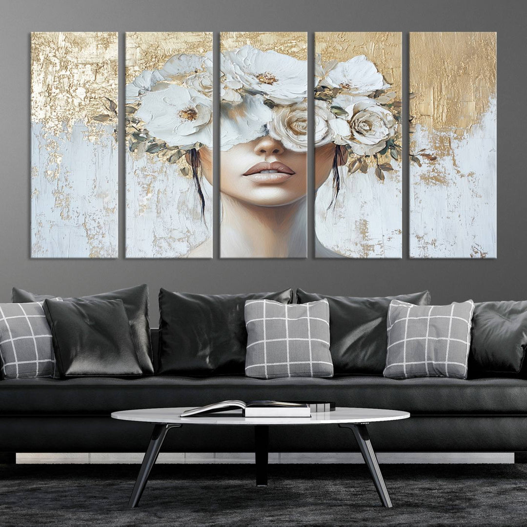 Golden Petal Silhouette Woman Wall Art Canvas Print Flower Head Woman Painting Floral Woman Portrait Wall Decor, Abstract Women Portrait Print