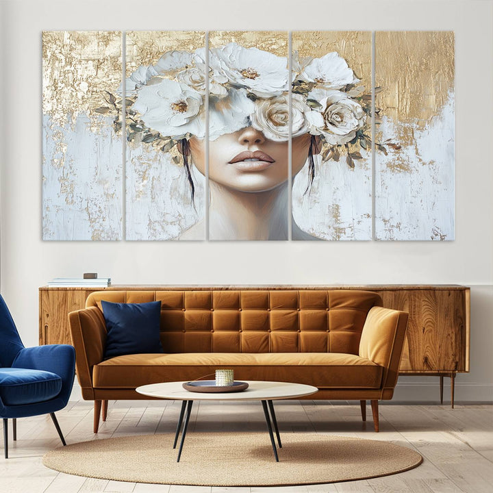 Golden Petal Silhouette Woman Wall Art Canvas Print Flower Head Woman Painting Floral Woman Portrait Wall Decor, Abstract Women Portrait Print