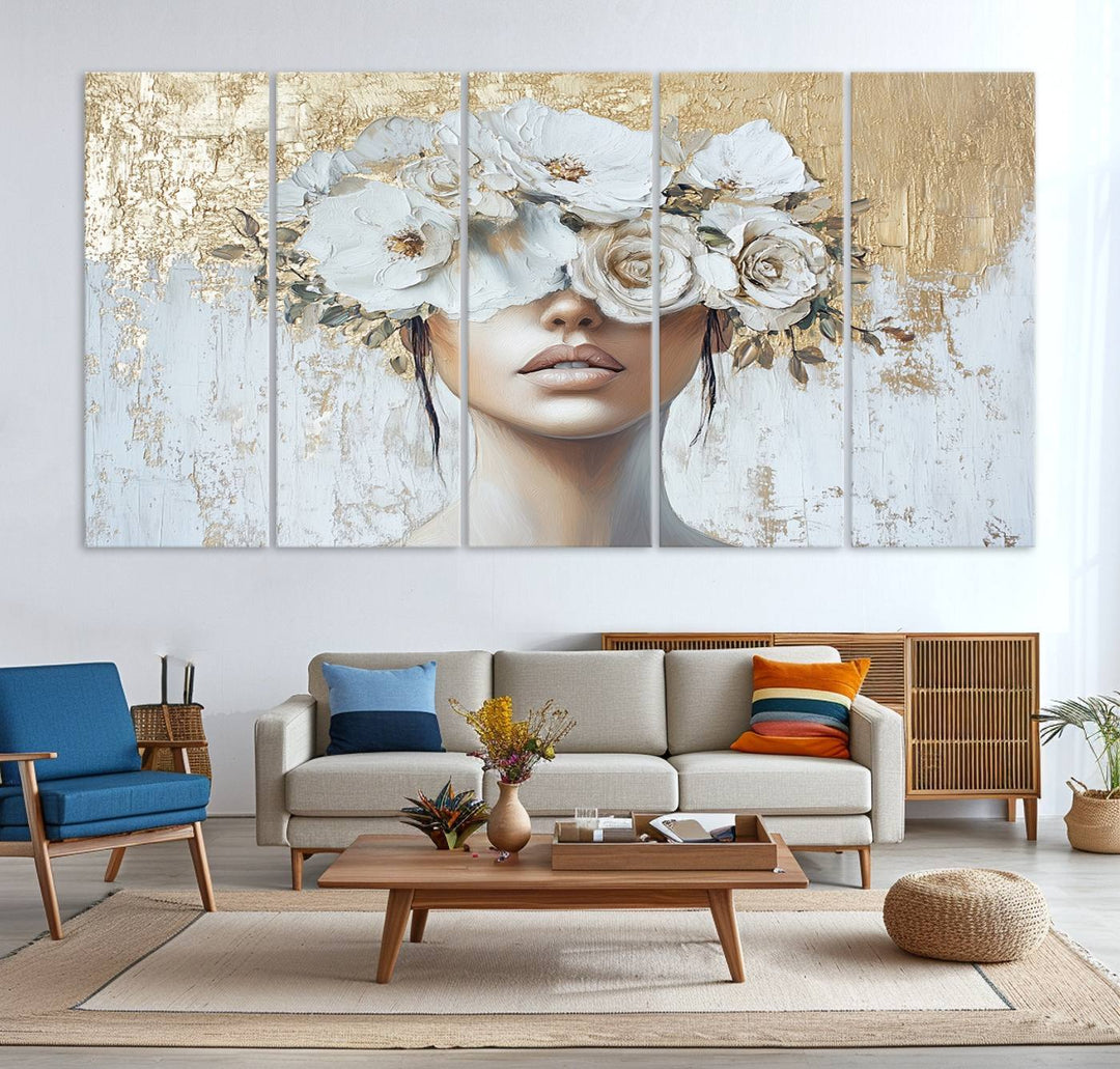 Golden Petal Silhouette Woman Wall Art Canvas Print Flower Head Woman Painting Floral Woman Portrait Wall Decor, Abstract Women Portrait Print