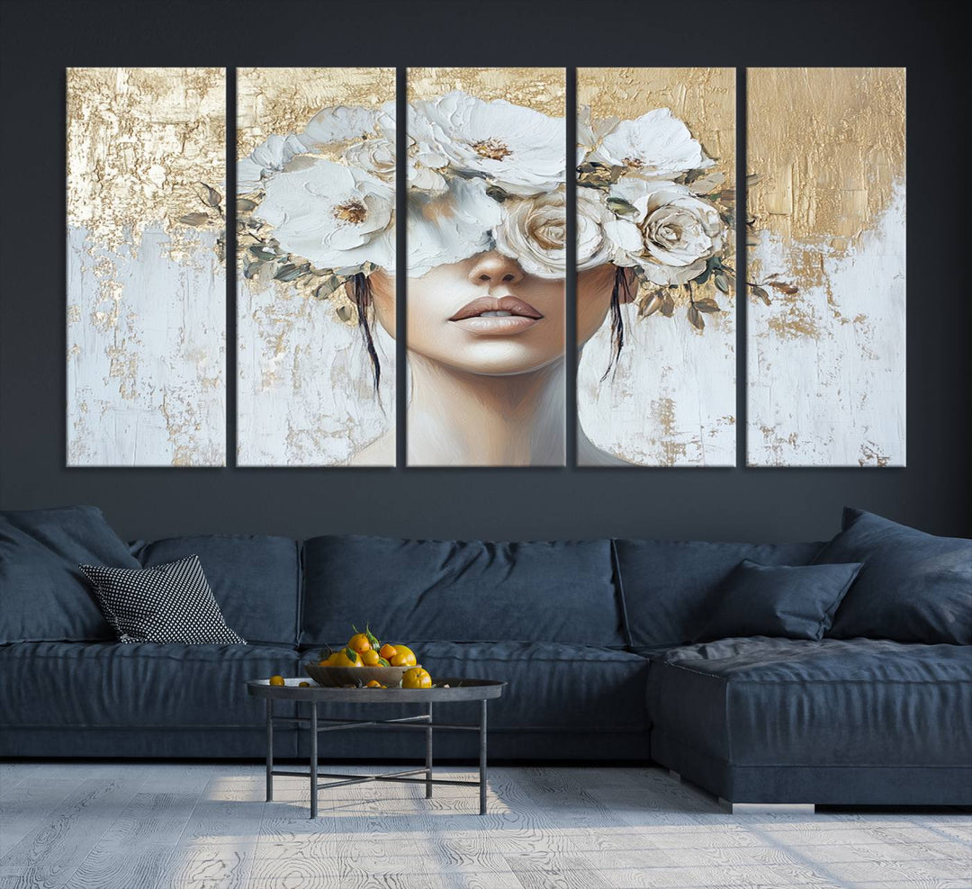 Golden Petal Silhouette Woman Wall Art Canvas Print Flower Head Woman Painting Floral Woman Portrait Wall Decor, Abstract Women Portrait Print