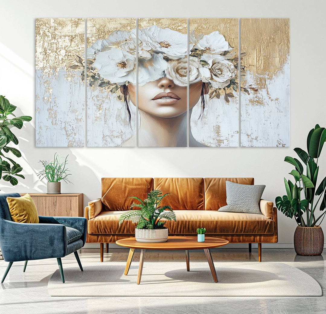 Golden Petal Silhouette Woman Wall Art Canvas Print Flower Head Woman Painting Floral Woman Portrait Wall Decor, Abstract Women Portrait Print