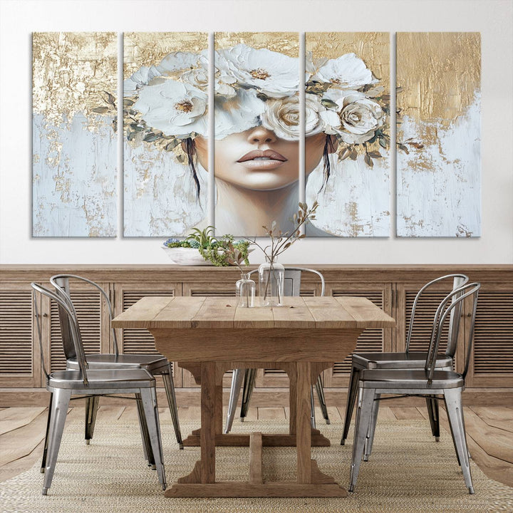 Golden Petal Silhouette Woman Wall Art Canvas Print Flower Head Woman Painting Floral Woman Portrait Wall Decor, Abstract Women Portrait Print