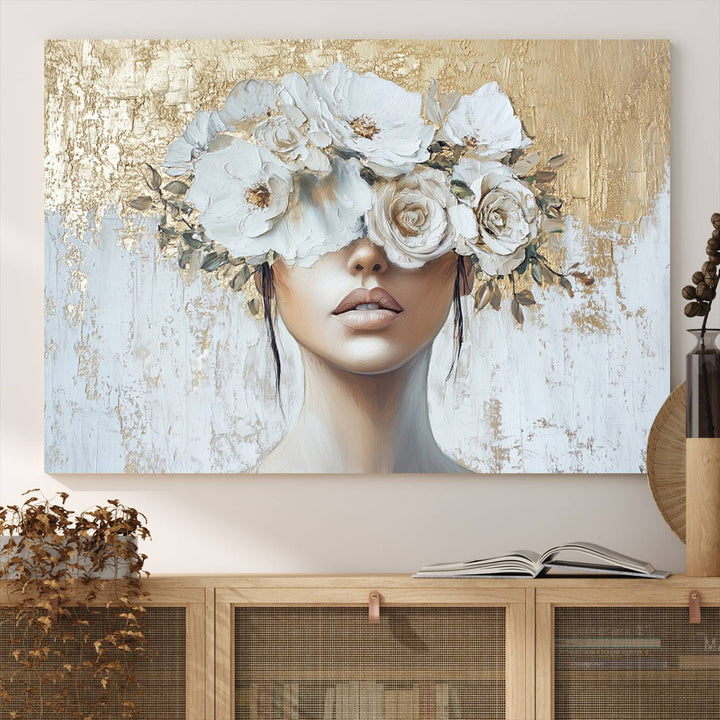 Golden Petal Silhouette Woman Wall Art Canvas Print Flower Head Woman Painting Floral Woman Portrait Wall Decor, Abstract Women Portrait Print