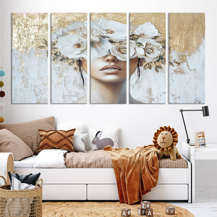 Golden Petal Silhouette Woman Wall Art Canvas Print Flower Head Woman Painting Floral Woman Portrait Wall Decor, Abstract Women Portrait Print