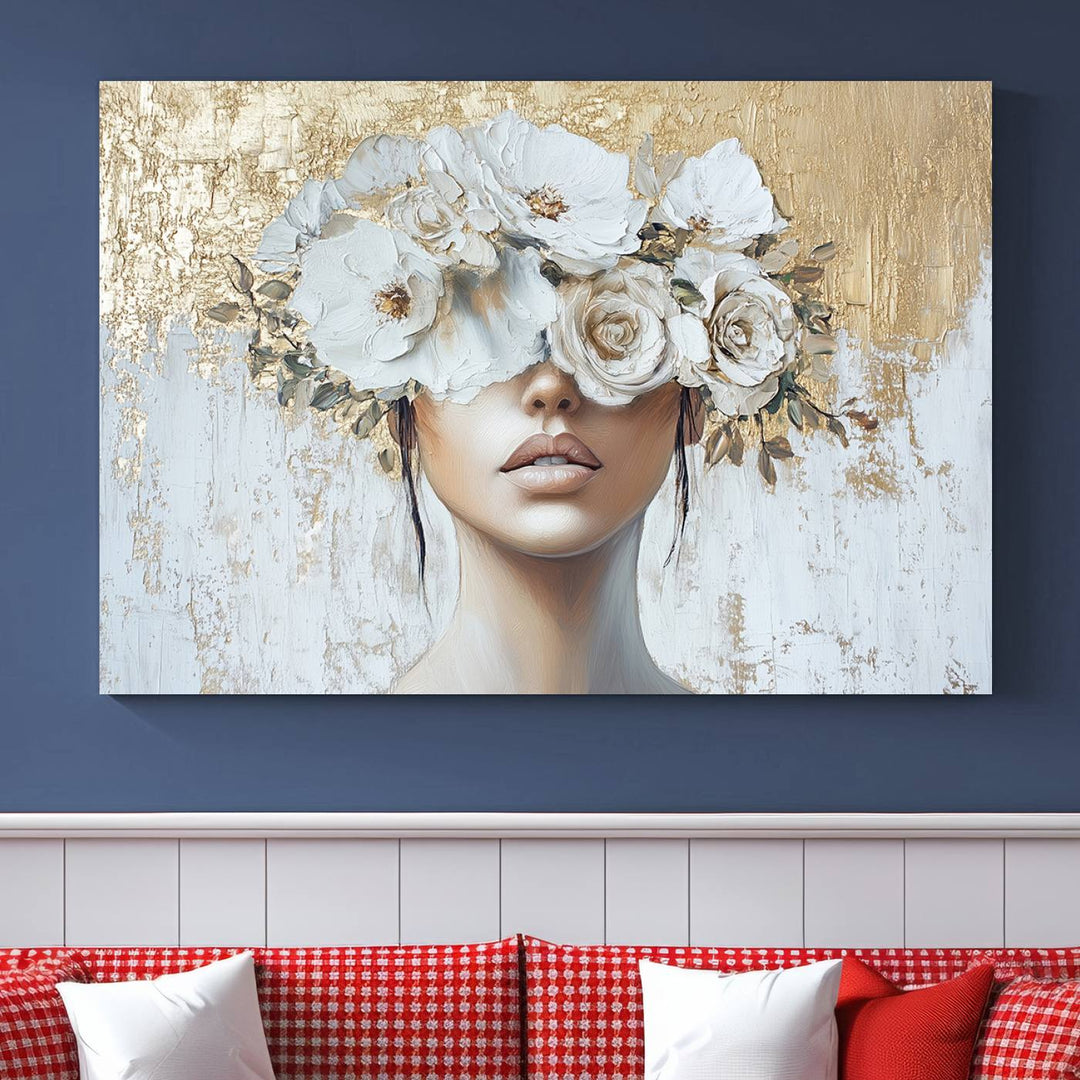 Golden Petal Silhouette Woman Wall Art Canvas Print Flower Head Woman Painting Floral Woman Portrait Wall Decor, Abstract Women Portrait Print