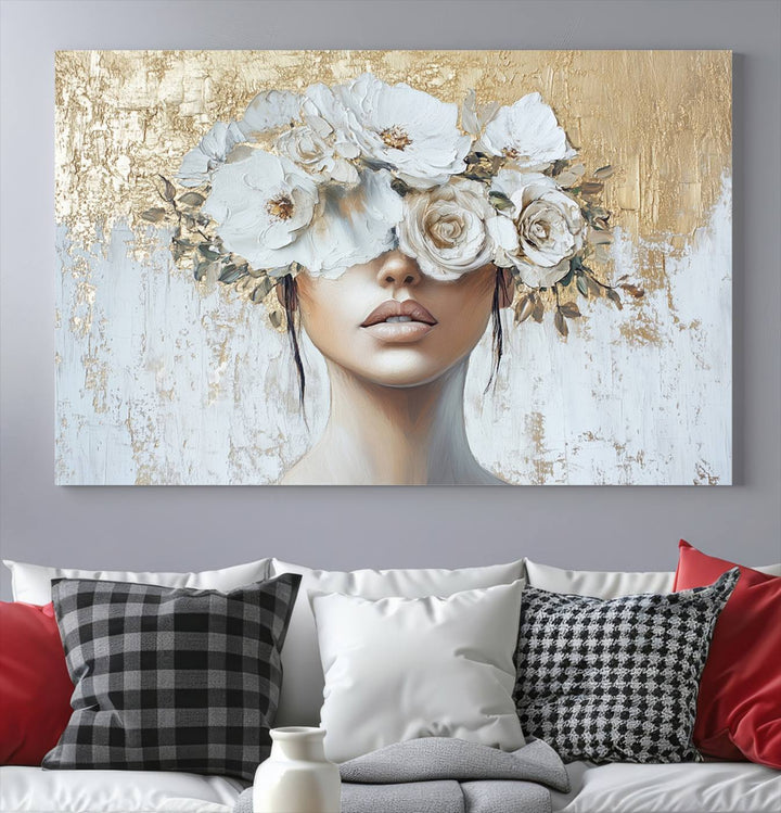 Golden Petal Silhouette Woman Wall Art Canvas Print Flower Head Woman Painting Floral Woman Portrait Wall Decor, Abstract Women Portrait Print