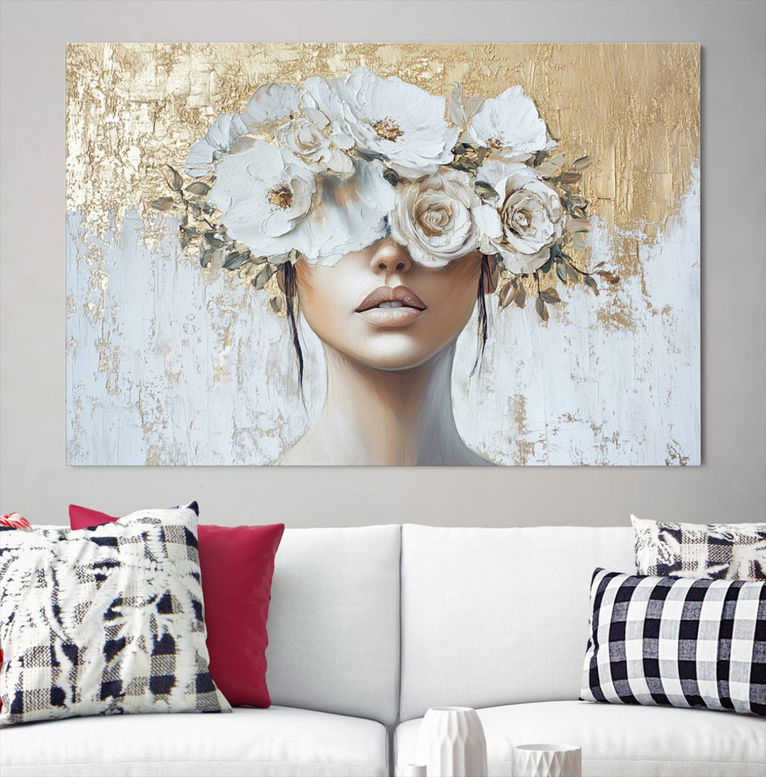 Golden Petal Silhouette Woman Wall Art Canvas Print Flower Head Woman Painting Floral Woman Portrait Wall Decor, Abstract Women Portrait Print