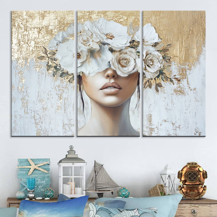 Golden Petal Silhouette Woman Wall Art Canvas Print Flower Head Woman Painting Floral Woman Portrait Wall Decor, Abstract Women Portrait Print