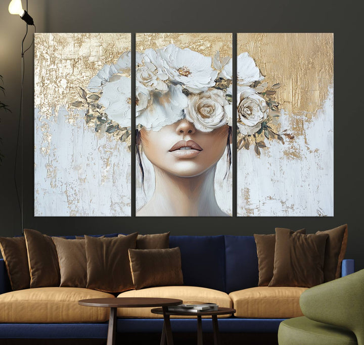 Golden Petal Silhouette Woman Wall Art Canvas Print Flower Head Woman Painting Floral Woman Portrait Wall Decor, Abstract Women Portrait Print