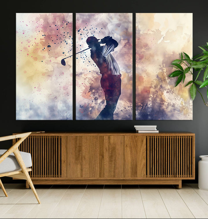 Golf Swing Abstract 3-Panel Canvas Print | Artistic Sports Wall Art for Living Room or Office | Ready to Hang