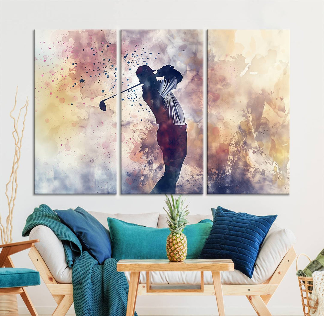 Golf Swing Abstract 3-Panel Canvas Print | Artistic Sports Wall Art for Living Room or Office | Ready to Hang