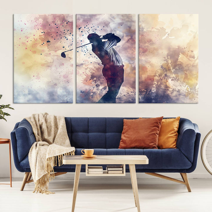 Golf Swing Abstract 3-Panel Canvas Print | Artistic Sports Wall Art for Living Room or Office | Ready to Hang