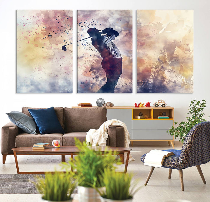 Golf Swing Abstract 3-Panel Canvas Print | Artistic Sports Wall Art for Living Room or Office | Ready to Hang