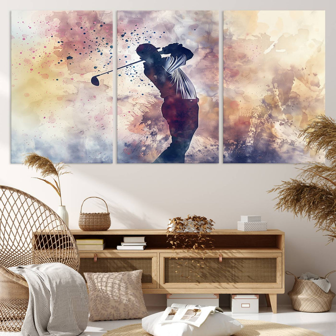 Golf Swing Abstract 3-Panel Canvas Print | Artistic Sports Wall Art for Living Room or Office | Ready to Hang