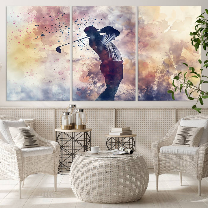 Golf Swing Abstract 3-Panel Canvas Print | Artistic Sports Wall Art for Living Room or Office | Ready to Hang