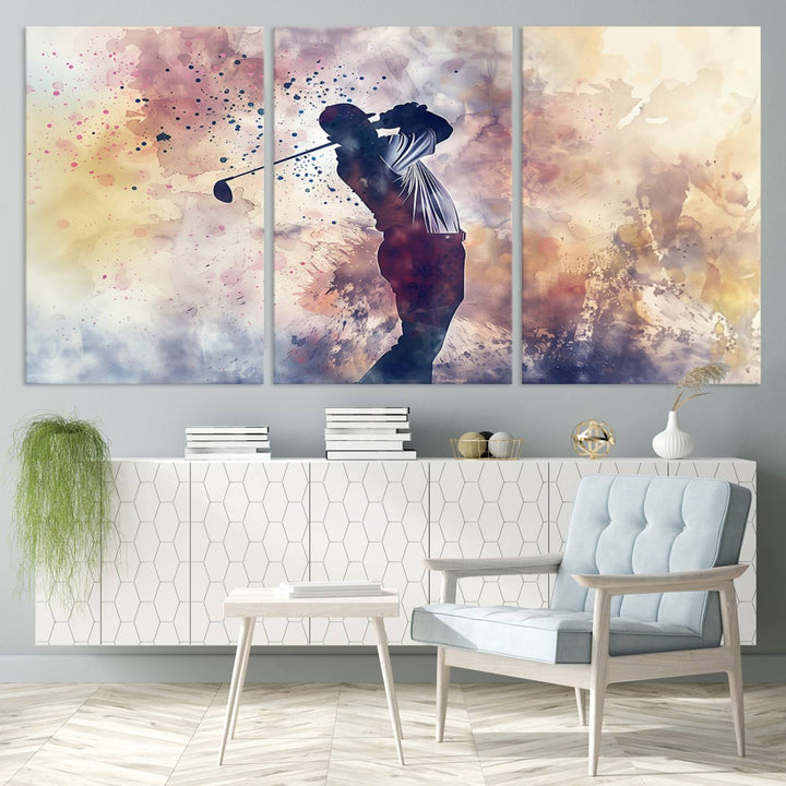 Golf Swing Abstract 3-Panel Canvas Print | Artistic Sports Wall Art for Living Room or Office | Ready to Hang