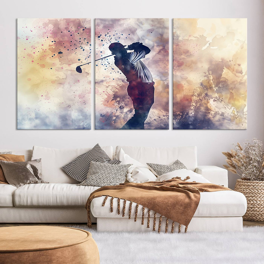 Golf Swing Abstract 3-Panel Canvas Print | Artistic Sports Wall Art for Living Room or Office | Ready to Hang