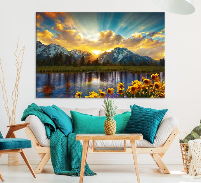 Grand Teton Park Amazing Mountain Landscape Sunset Large Wall Art Canvas Print