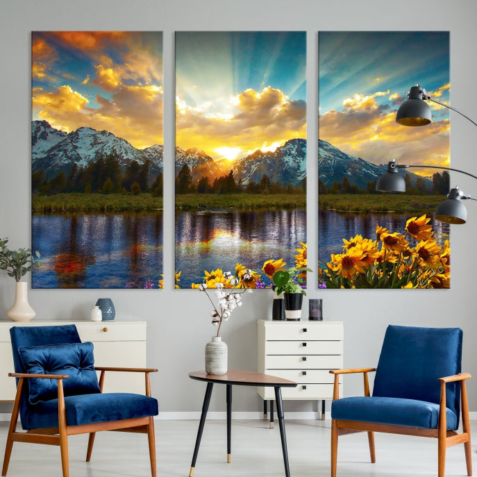 Grand Teton Park Amazing Mountain Landscape Sunset Large Wall Art Canvas Print