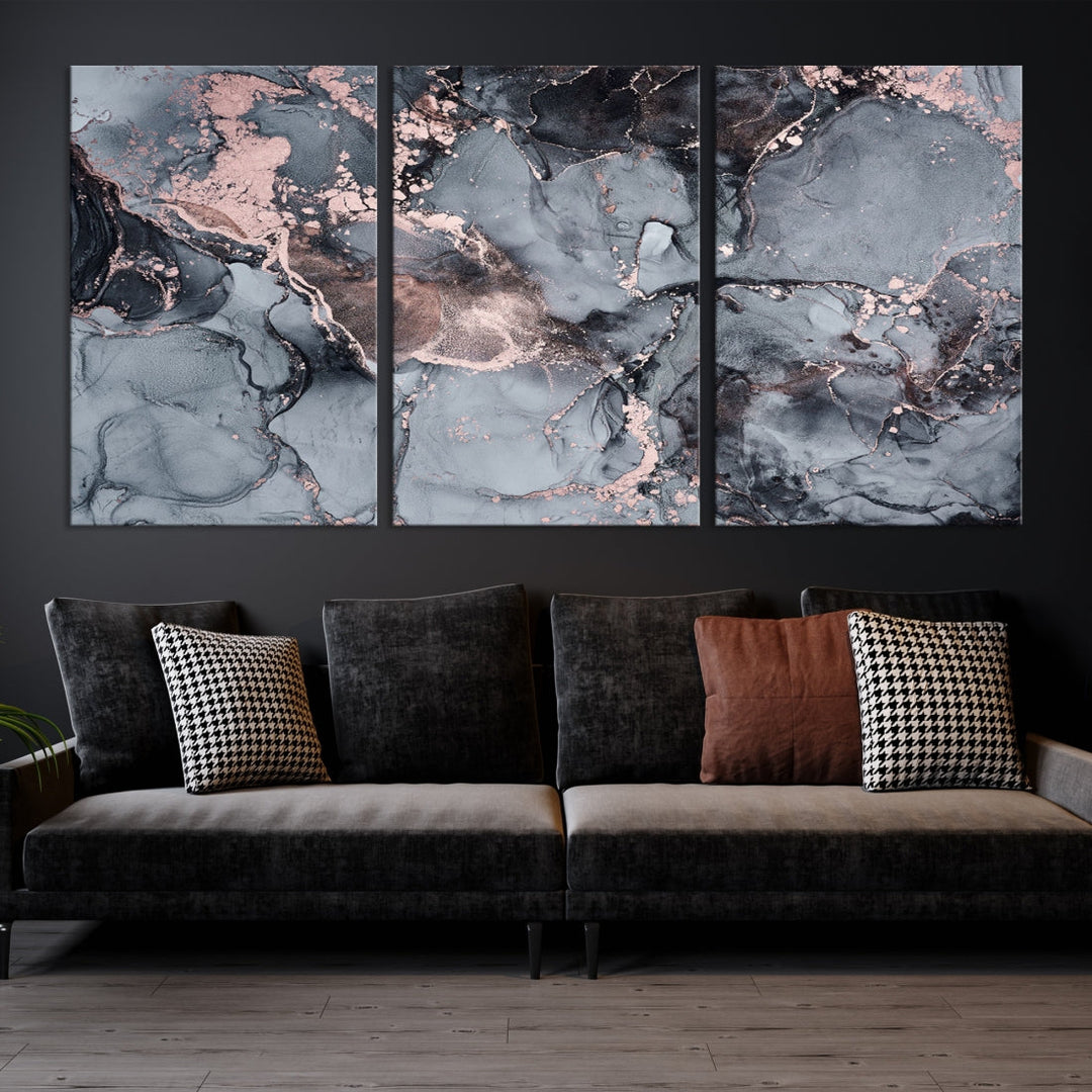 Gray and Rose Gold Marble Abstract Painting on Giclee Canvas Wall Art Print