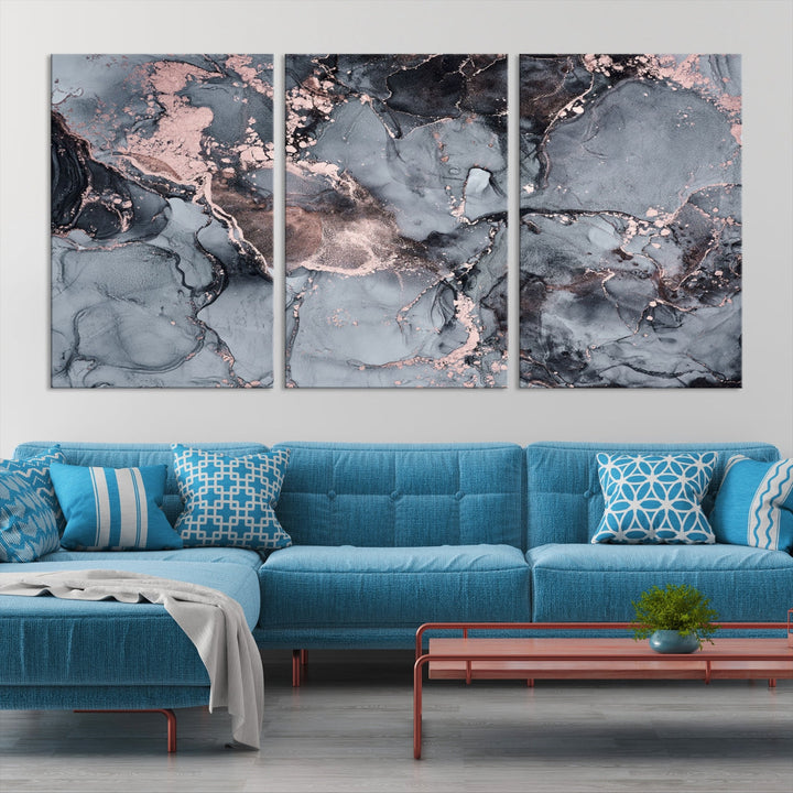 Gray and Rose Gold Marble Abstract Painting on Giclee Canvas Wall Art Print