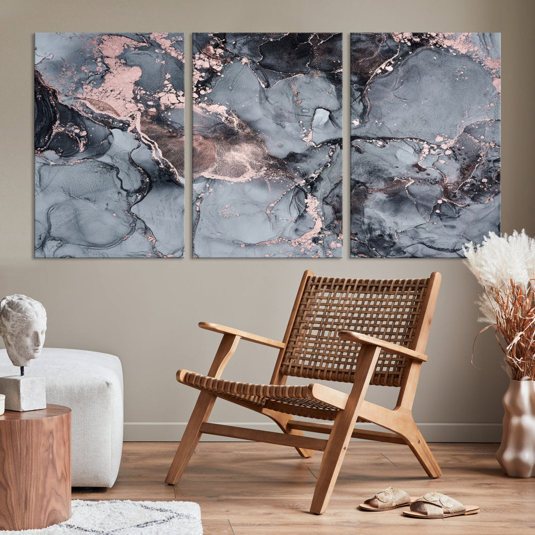 Gray and Rose Gold Marble Abstract Painting on Giclee Canvas Wall Art Print