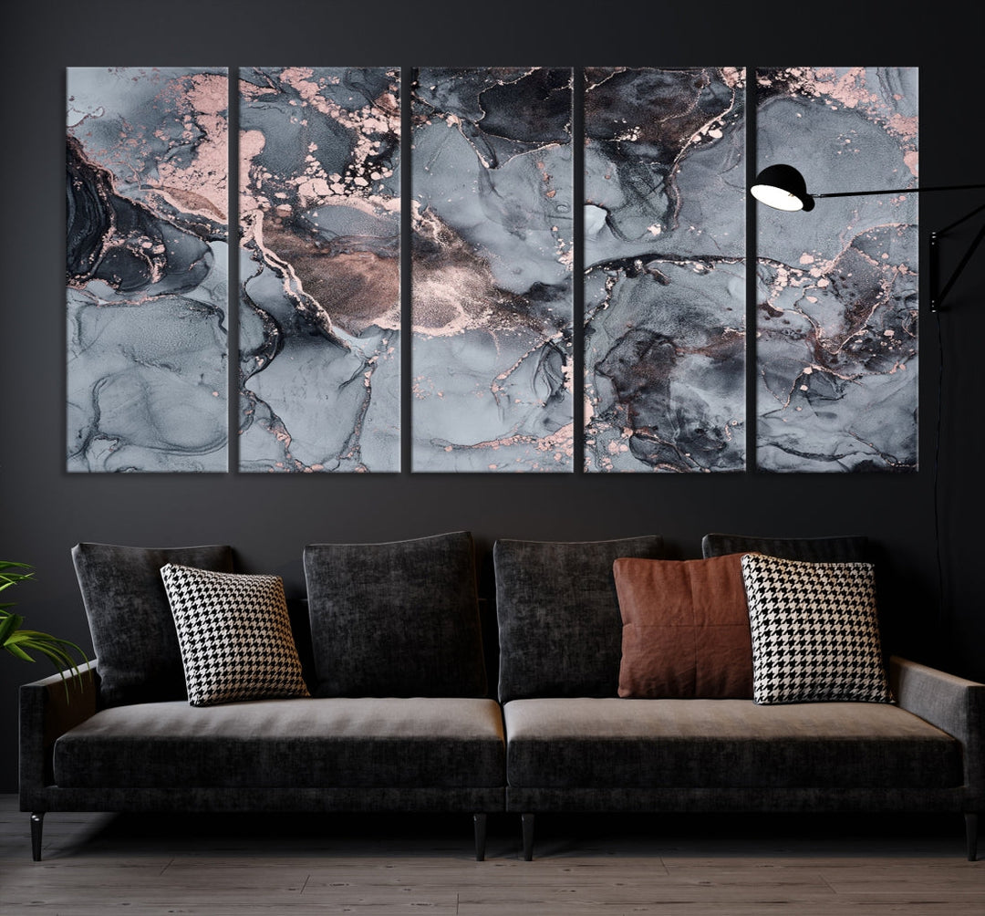 Gray and Rose Gold Marble Abstract Painting on Giclee Canvas Wall Art Print