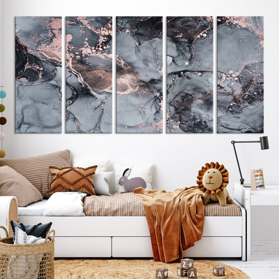 Gray and Rose Gold Marble Abstract Painting on Giclee Canvas Wall Art Print